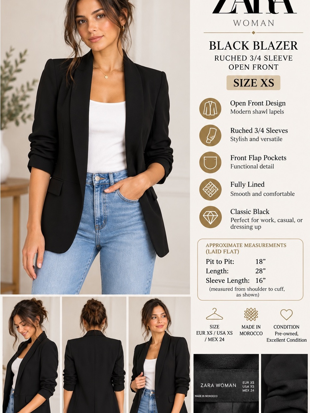 ZARA Woman Black Blazer XS Ruched 3/4 Sleeve Open Front Jacket